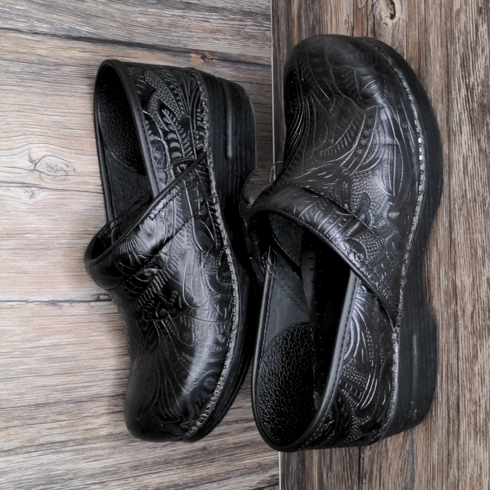 Dansko Black Embossed Leather Clogs